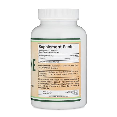 L-Tyrosine 1,000mg per Serving, 120 Veggie Capsules (L Tyrosine Supplement for Memory Double Wood Supplements