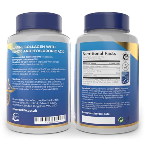 Reverse Life Marine Collagen Capsules 1200mg – with Hyaluronic Acid & Vitamin C + Q10 Reverse Life