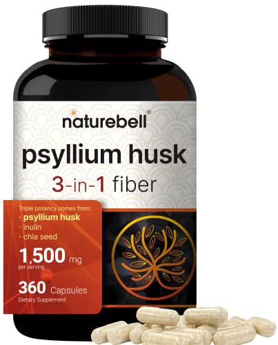 NatureBell Psyllium Husk Capsules 1500mg Per Serving, 360 Count, with Inulin