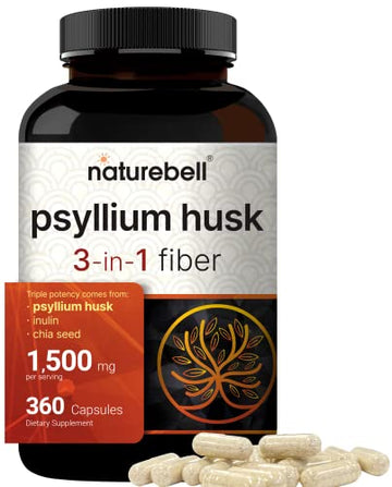 NatureBell Psyllium Husk Capsules 1500mg Per Serving, 360 Count, with Inulin