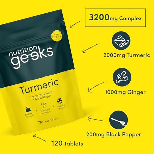 Nutrition Geeks Turmeric Tablets 2000 mg with Black Pepper & Ginger, High Strength Nutrition Geeks