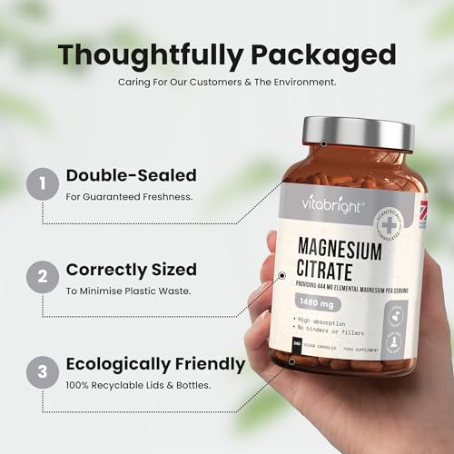 Magnesium Citrate - 1480mg High Strength - 240 Capsules (4 Month Supply) - Vegan VitaBright