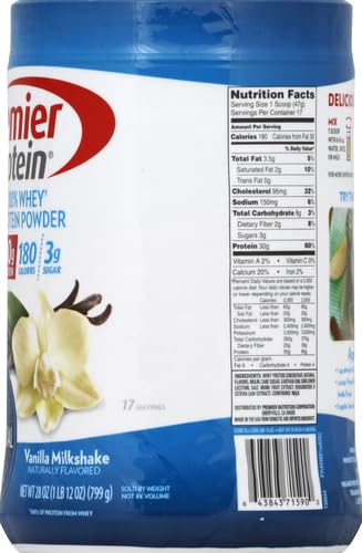 Premier Protein Powder, Vanilla Milkshake, 30g Protein, 1g Sugar, 100% Whey Protein Premier Protein