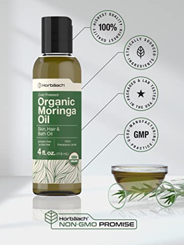 Organic Moringa Oil | 4 fl oz | for Face, Hair, and Skin | 100% Therapeutic Grade | Paraben Horbäach