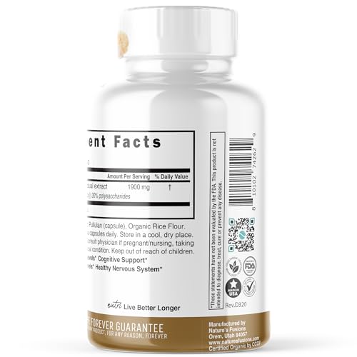 Nutri Organic Lions Mane Supplement Capsules - 1900 mg, 10:1 Dual Extraction, 120 Count Nature's Fusions