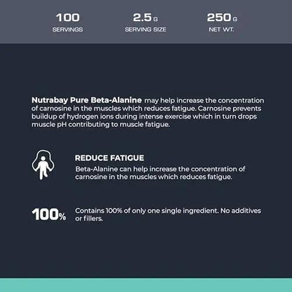Nutrabay Pure 100% Beta Alanine Powder, Pre Workout supplement for Men & Women - 250g Unflavoured, 100 Servings