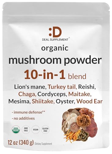 Organic Mushroom Powder Supplement, 12oz – 10 in 1 Active Blend – Turkey Tail, Lions Mane