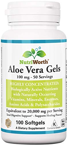 NutriWorth Aloe Vera Supplement (100 Softgels) 20,000mg Pure Gel Equivalency 