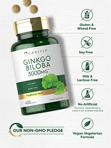Carlyle Ginkgo Biloba 3000mg | 400 Tablets | Non-GMO, Gluten Free Carlyle