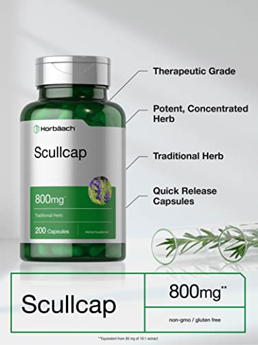 Scullcap Capsules | 800 mg | 200 Count | Max Potency, Value Size | Non-GMO and Gluten Horbäach