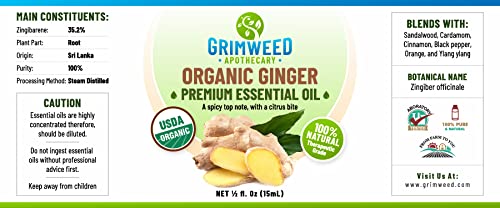 USDA Organic Ginger Essential Oil – Therapeutic Grade- Diffuser Oil - 100% All Natural - with Glass Dropper Grimweed Apothecary