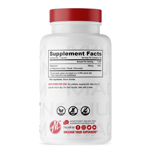 Metabolic Nutrition Magnesium, 650mg per Serving, Non-GMO, Vegan, Gluten Free Metabolic Nutrition
