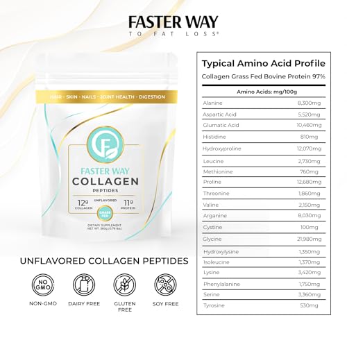 FASTer Way to Fat Loss, Unflavored, 360g Grass-Fed Beef Collagen Peptides for Skin FASTer Way to Fat Loss