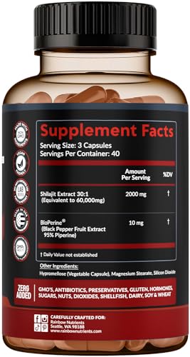 Pure Himalayan Shilajit Capsules Supplement (60,000mg+ Absorption Enhancer+50% Rainbow Nutrients, LLC
