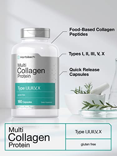 Multi Collagen Protein 2000 mg | 180 Capsules | Type I, II, III, V, X | Collagen Peptide Pills Horbäach