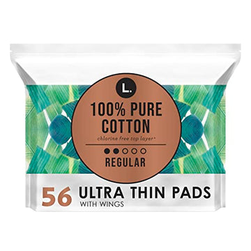L. Pure Cotton Topsheet Pads for Women, Regular Absorbency, Ultra Thin Pads with Wings