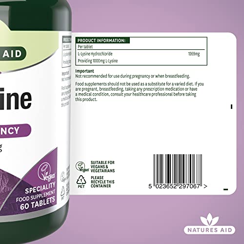 Natures Aid L-Lysine 1000 mg, High Potency Essential Amino Acid, Vegan, 60 Tablets natures aid