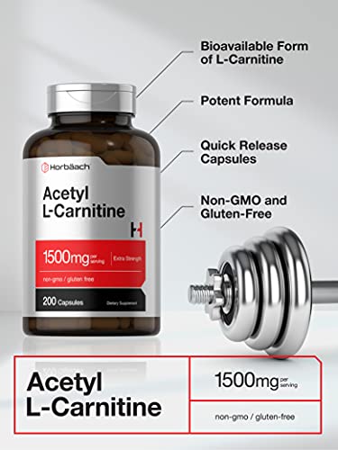 Acetyl L-Carnitine 1500mg | 200 Capsules | Extra Strength ALCAR Supplement | Non-GMO Horbäach