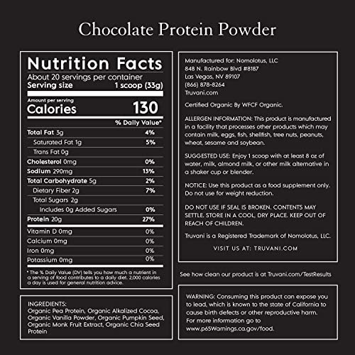 Truvani Organic Vegan Protein Powder Chocolate - 20g of Plant Based Protein, Organic Truvani