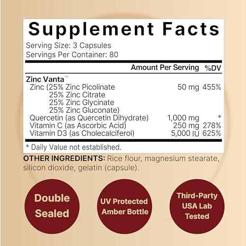 NatureBell Zinc Quercetin with Vitamin C & D3, 240 Capsules | Quercetin 1,000mg, 4 in 1 Zinc 50mg, Vitamin C 250mg, Vitamin D3 5,000 IU – ZincVanta Advanced Immune Defense & Lung Support NatureBell