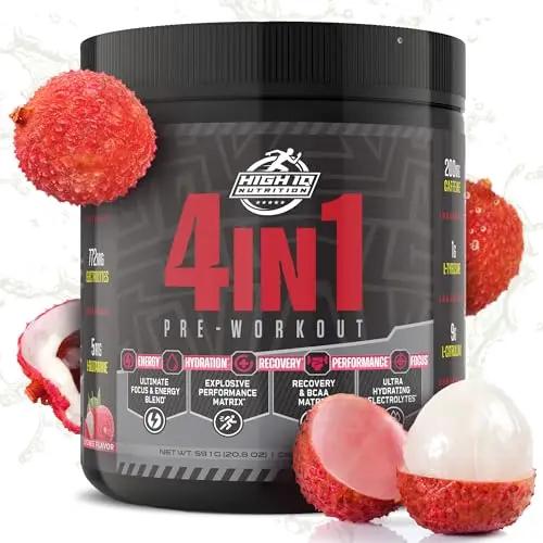 High IQ Nutrition 4 in 1 Lychee Flavored Pre Workout Powder 200mg Caffeine | Energy, Focus