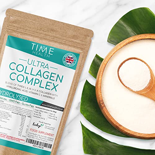 Ultra Collagen Complex - 126g Powder - Hydrolysed - Types I, II, III, V & X Collagen Time Health
