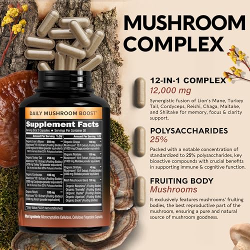 Mushroom Supplement - Organic Lion's Mane | Turkey Tail | Chaga | Cordyceps | Reishi NUTRAHARMONY