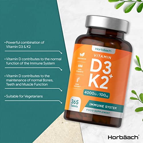 Vitamin D3 K2 High Strength Tablets | 365 Count | Vitamin D3 4000iu and Vitamin K2 MK7 Horbäach