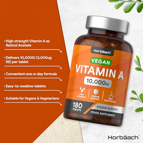 Vitamin A Tablets 10000iu | 180 Count | High Strength Vitamin A as Retinol Acetate Horbäach