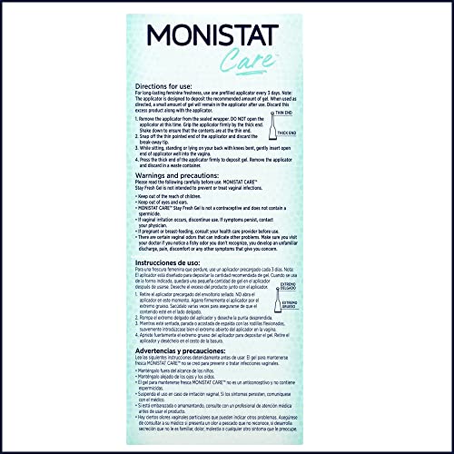 Monistat Stay Fresh Gel, Odor Eliminating Gel for Feminine Care, Fragrance Free Vaginal Gel, Prefilled Monistat