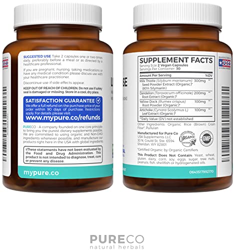 Organic Liver Cleanse Detox & Repair (Vegan, Non-GMO) Milk Thistle Extract (80% Silymarin) PURE CO