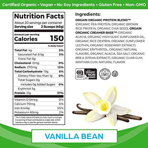 Orgain Organic Vegan Protein Powder, Vanilla Bean - 21g Plant Based Protein, Gluten Free Orgain