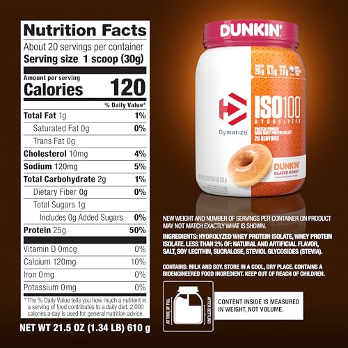 Dymatize ISO100 Hydrolyzed Protein Powder, 100% Whey Isolate, Dunkin' Glazed Donut Dymatize
