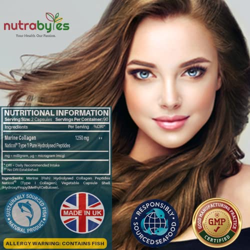 High Strength Marine Collagen Capsules - 1250mg Hydrolysed Collagen Supplement NUTRABYTES