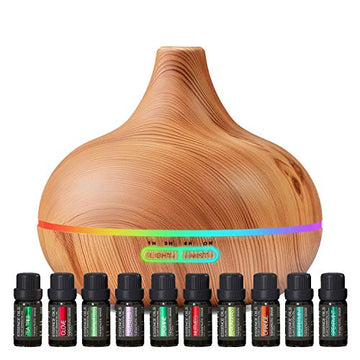 Ultimate Aromatherapy Diffuser & Essential Oil Set - Ultrasonic Top 10 Oils Modern with 4 Timer 7 Ambient Light