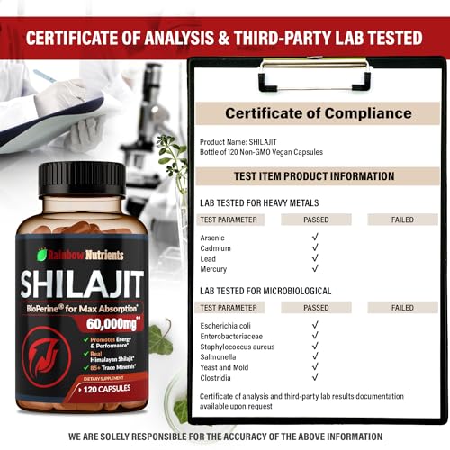 Pure Himalayan Shilajit Capsules Supplement (60,000mg+ Absorption Enhancer+50% Rainbow Nutrients, LLC