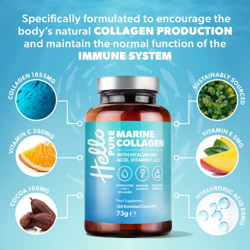 Marine Collagen Capsules - 1855mg - 120 Capsules - Enriched with Hyaluronic Acid & Vitamins C & E Hello Pure