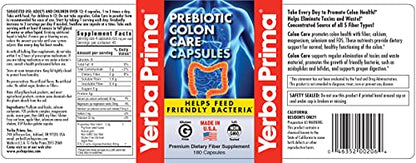 Yerba Prima Prebiotics Colon Care Fiber Caps, 180 Capsules - Five Forms of Fiber Plus FOS