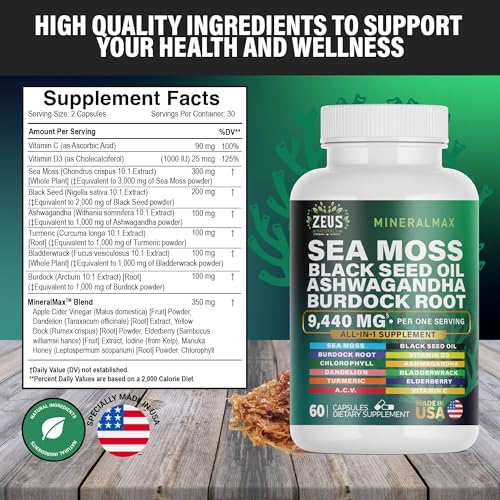 Sea Moss Capsules with Black Seed Oil, Burdock Root, Bladderwrack, Turmeric, Ashwagan Zeus Naturals