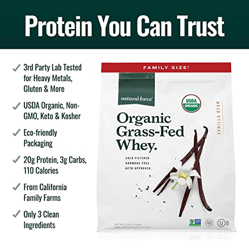 Natural Force Grass Fed Organic Whey Protein Powder – Non GMO Verified, Humane Natural Force