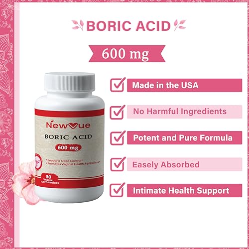 NewVue Boric Acid Vaginal Suppositories - 100% Pure Made in USA - Intimate Health Support (30 Count) NewVue
