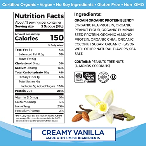 Orgain Organic Simple Vegan Protein Powder, Vanilla - 20g Plant Based Protein Orgain