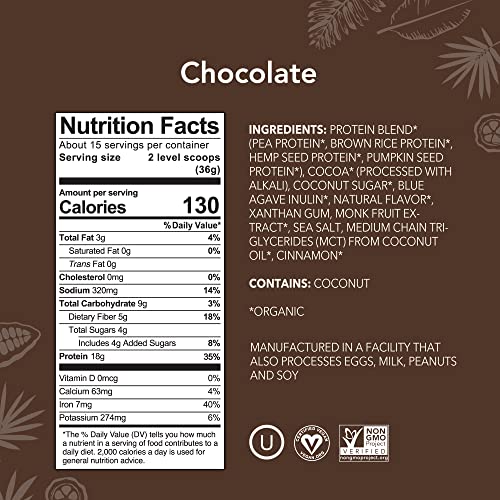 ALOHA Organic Plant Based Protein Powder, Stevia Free, Chocolate, 19.6 oz, 15 Servings ALOHA