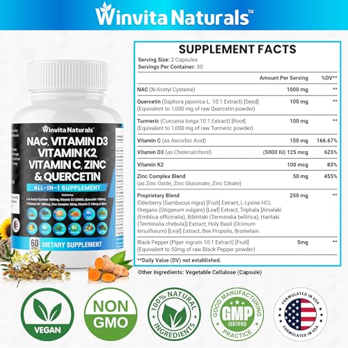 NAC Supplement N-Acetyl Cysteine 1000mg Vitamin C Vitamin D3 K2, Zinc, Turmeric Curcumin Winvita Naturals