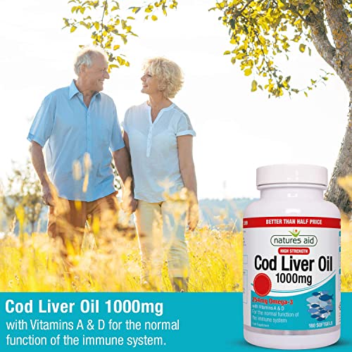 Natures Aid Cod Liver Oil, 1000 mg, 180 Softgel Capsules (High Strength, 254 mg Omega natures aid