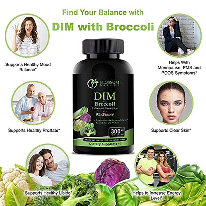 DIM Supplement 300mg with Broccoli 200mg BioPerine 10mg-Hormone and Estrogen Balance