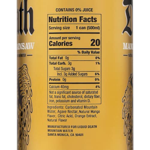 Liquid Death Flavored Sparkling Water with Agave, Mango Chainsaw, 16.9 oz Tallboys Liquid Death