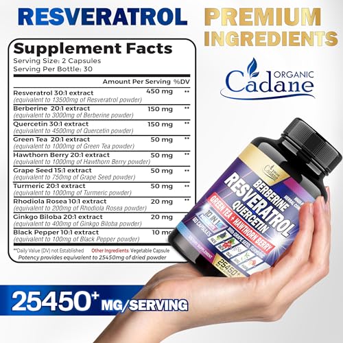 Premium Resveratrol Supplement 25450mg - Healthy Aging, Heart, Brain & Immune Support Organic Cadane