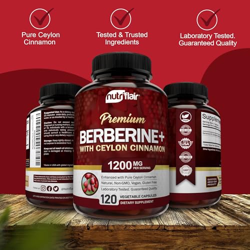 NutriFlair Premium Berberine HCL 1200mg, 120 Capsules - Plus Pure True Ceylon Cinnamon NutriFlair