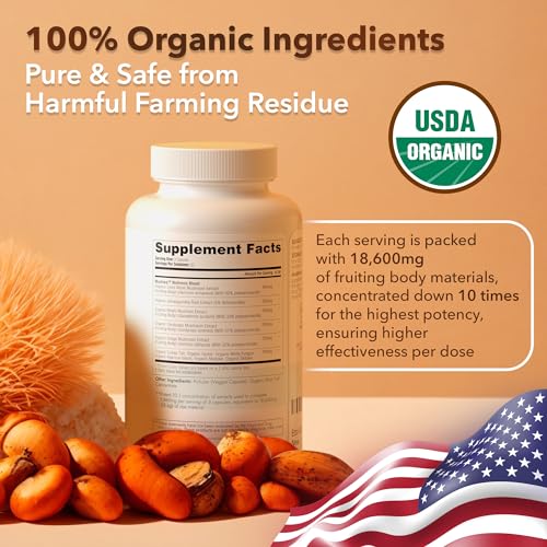 USDA Organic Lions Mane Supplement Capsules with Ashwagandha, Chaga, Reishi, Cordyceps Etta Vita